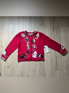 Vintage Design Options Red Dog Motif Cardigan Sweater 90s BNWT LARGE